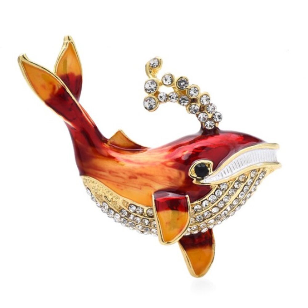 Jewelry pin brooch whale sea fish gold tone red sparkly crystals adorable cute